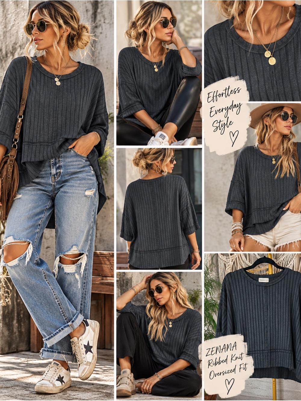 Zenana Outfitters Charcoal Ribbed Knit Oversized Top